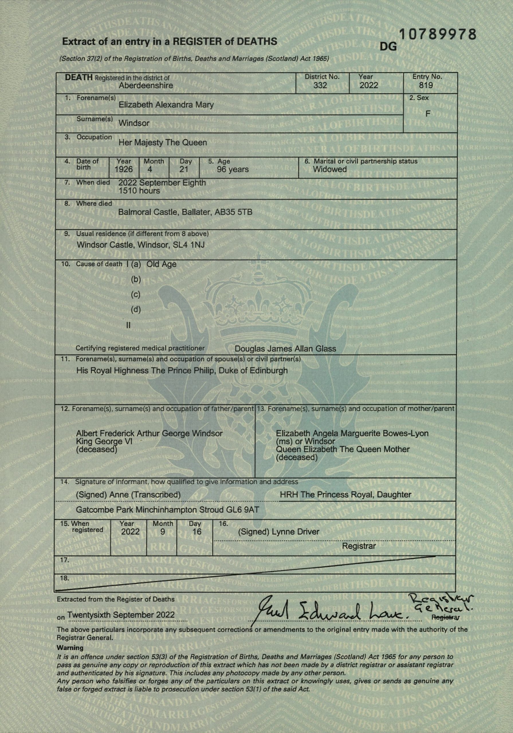 Her Majesty The Queen S Death Certificate Released Family History Zone   Queen Death Certificate Scaled 