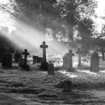 grayscale photography of cemetery