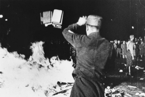 A member of the SA throws confiscated books into the bonfire during the public burning of 
